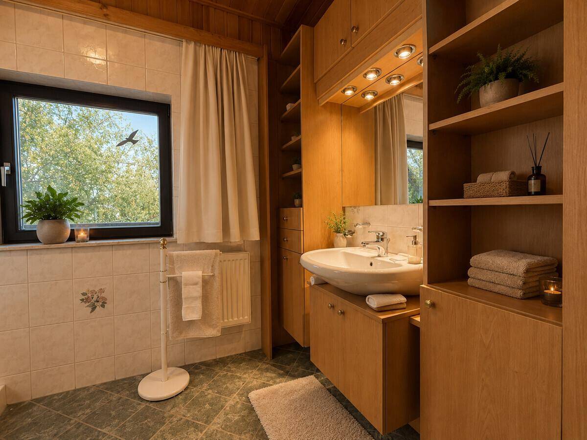 Badezimmer mit Waschbecken, Spiegelschrank und Fenster mit Blick ins Grüne.