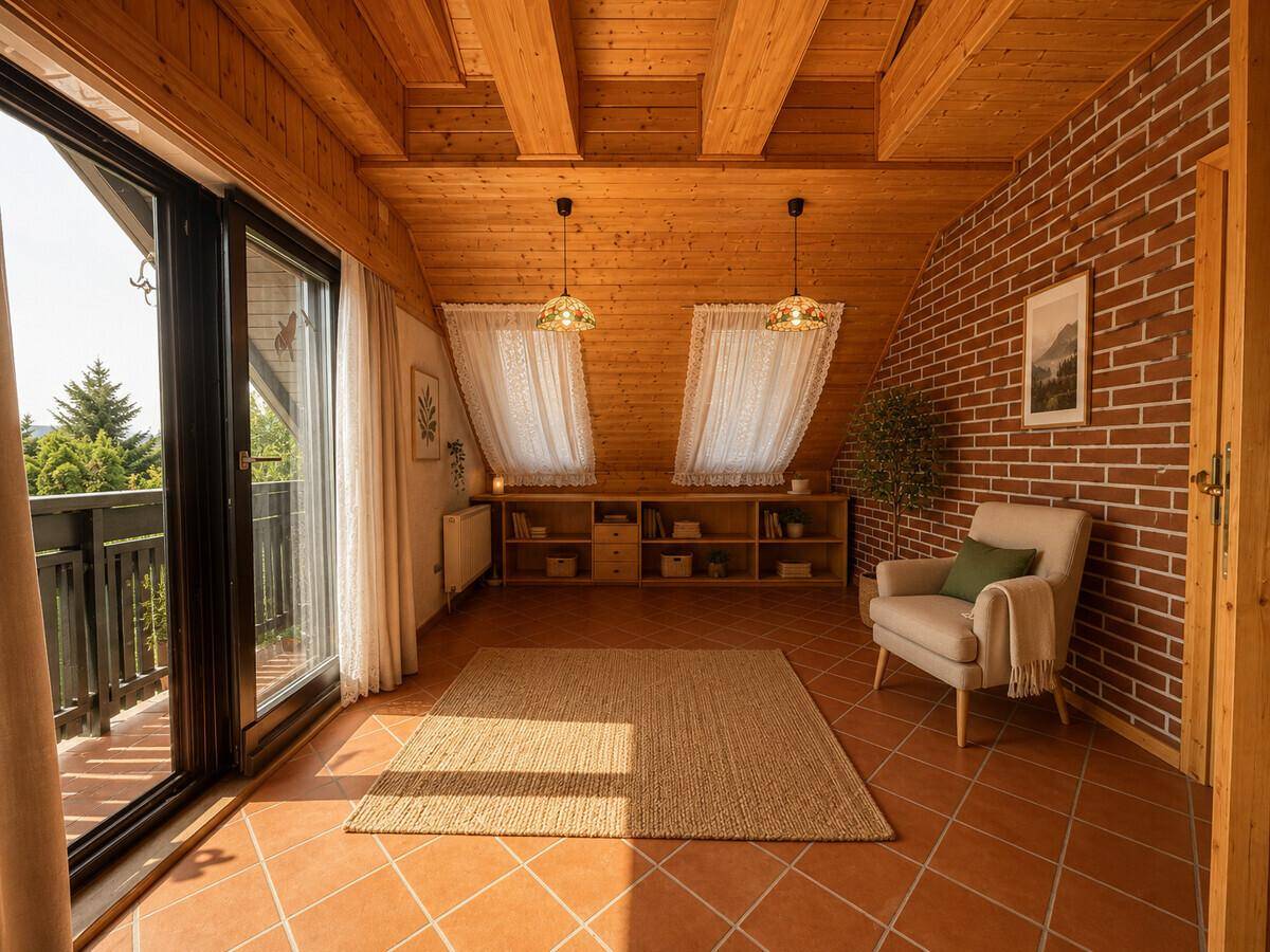 Dachgeschoss-Wohnbereich mit Holzbalkendecke, Ziegelwand und Zugang zum Balkon.