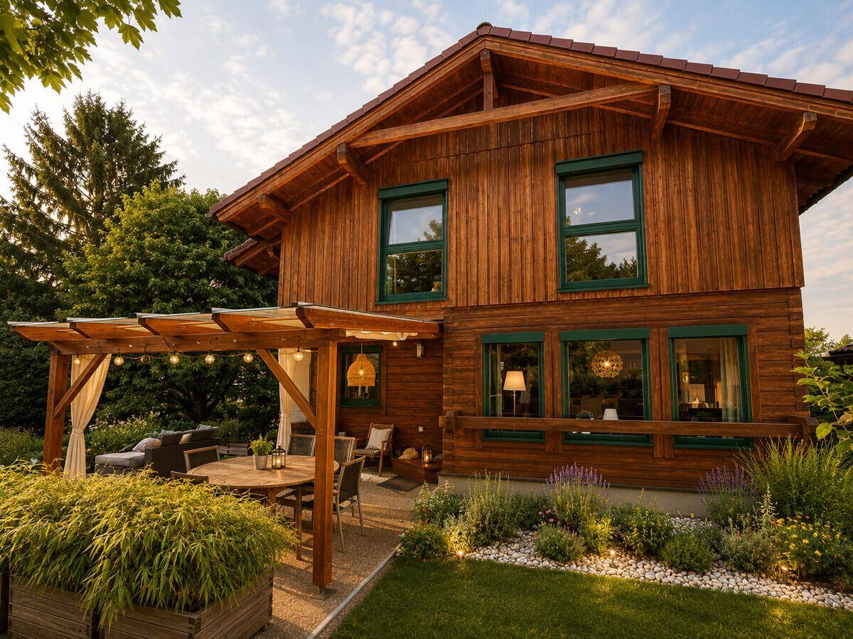 Attraktives Holzhaus mit gepflegtem Garten, Terrasse und grünen Fensterläden.