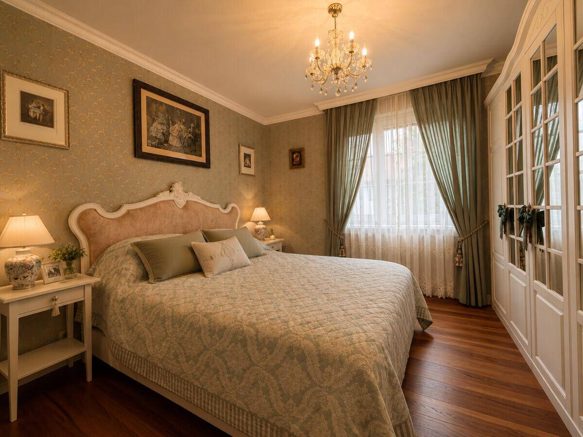 Elegantes Schlafzimmer mit Doppelbett, großem Kleiderschrank und klassischer Einrichtung.