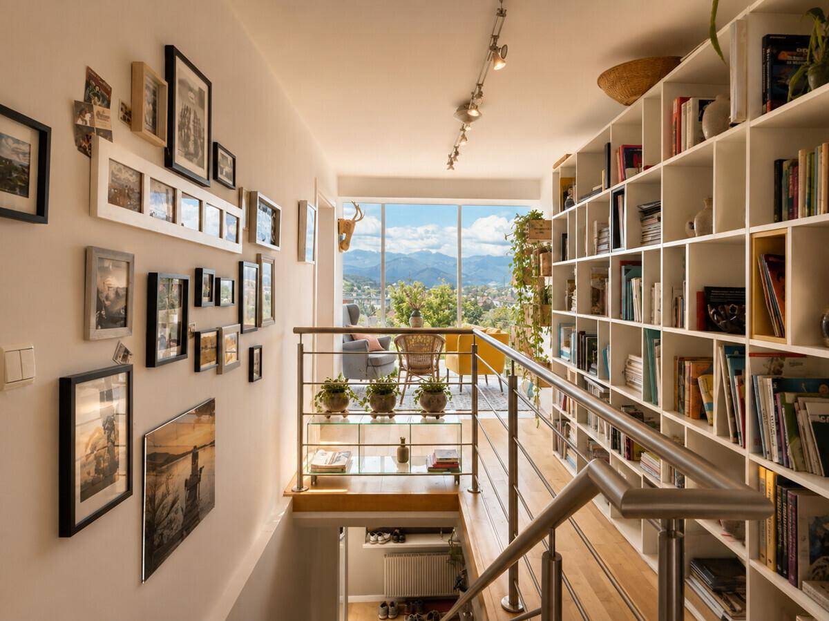 Heller Flur mit Bücherregal, Treppe und weitem Blick auf die Berge und Landschaft.