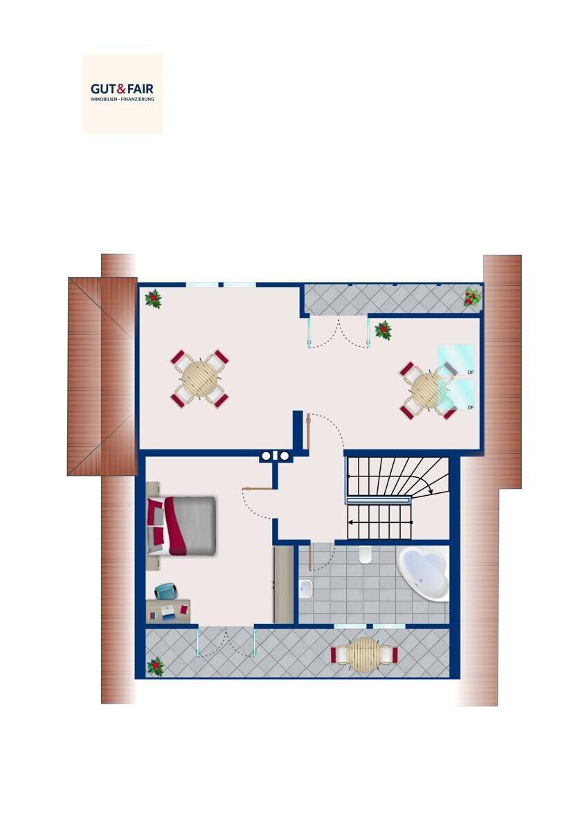 Grundriss des Obergeschosses mit Schlafzimmern und Badezimmer.
