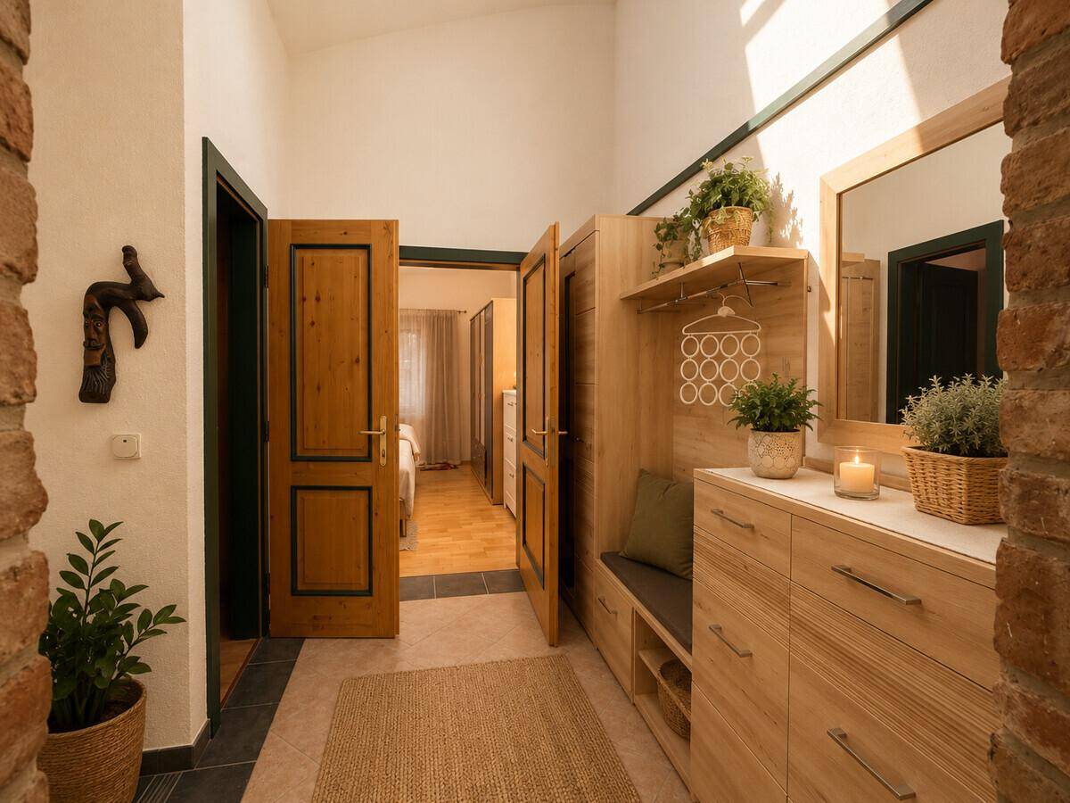 Heller Eingangsbereich mit Holzmöbeln, Spiegel und Blick in angrenzende Räume.