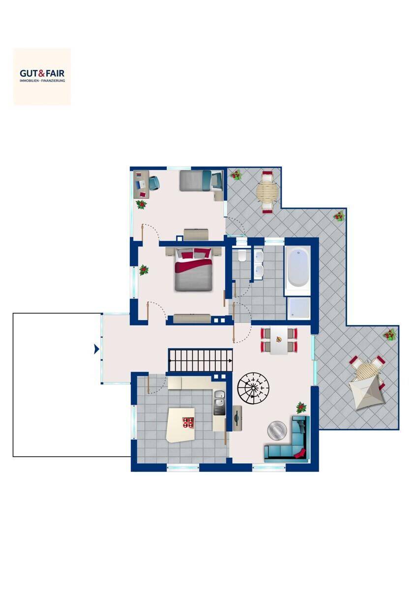 Grundriss des Erdgeschosses mit offenem Wohnbereich, Küche und Zugang zur Terrasse.