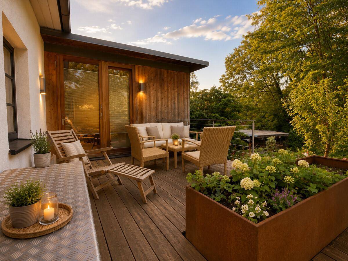 Gemütlicher Balkon mit Holzmöbeln, Pflanzen und Blick ins Grüne bei Sonnenschein.