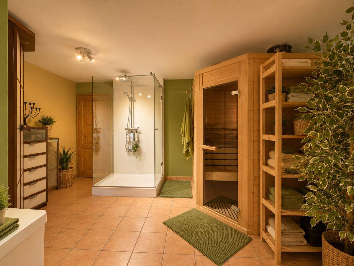 Geräumiges Badezimmer mit moderner Duschkabine, integrierter Sauna und terracottafarbenen Fliesen.