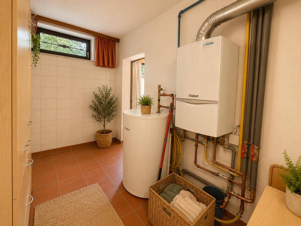 Hauswirtschaftsraum mit Heizungsanlage, Warmwasserspeicher und Fliesenboden.