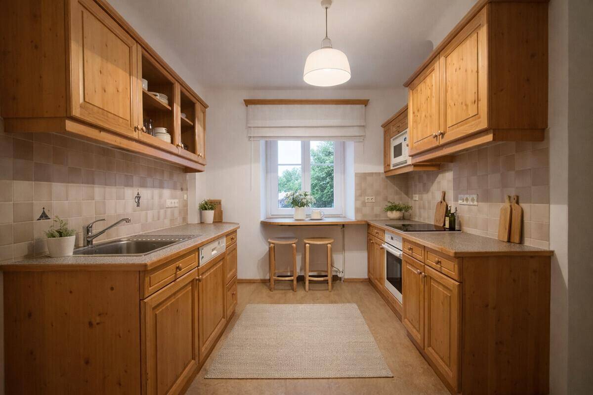 Gemütliche Küche im Landhausstil mit Holzschränken, Fliesenboden und Fensterblick ins Grüne.