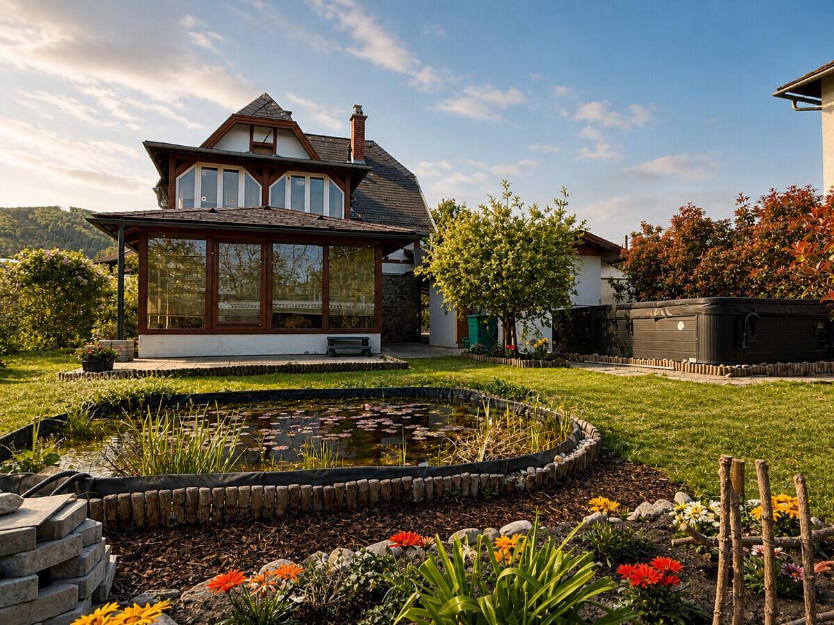 Gepflegter Garten mit Teich, Whirlpool und Wintergarten am Haus unter sonnigem Himmel.