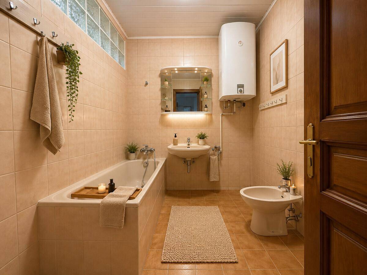 Badezimmer mit Badewanne, Bidet und beigefarbenen Fliesen.