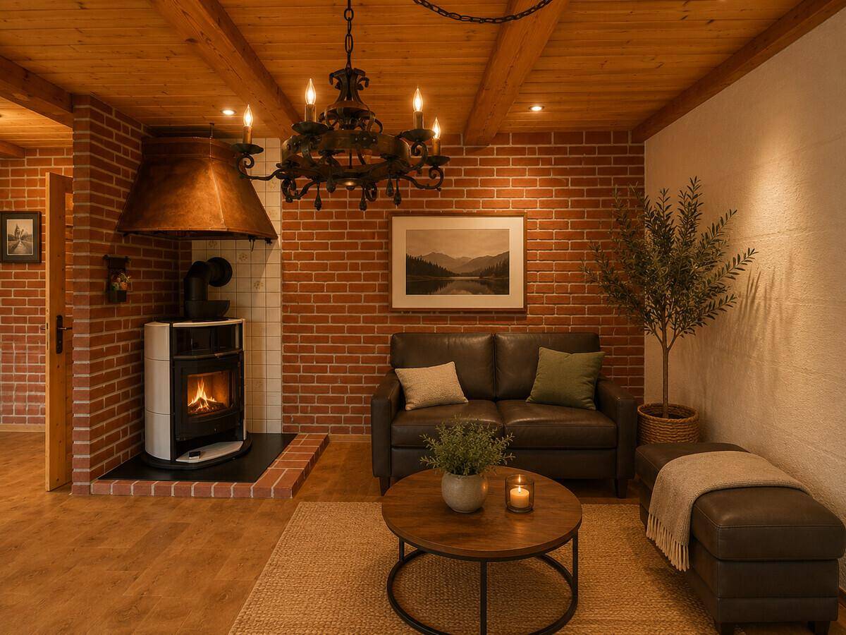 Rustikales Wohnzimmer mit Ziegelwand, Holzbalkendecke und modernem Kaminofen.