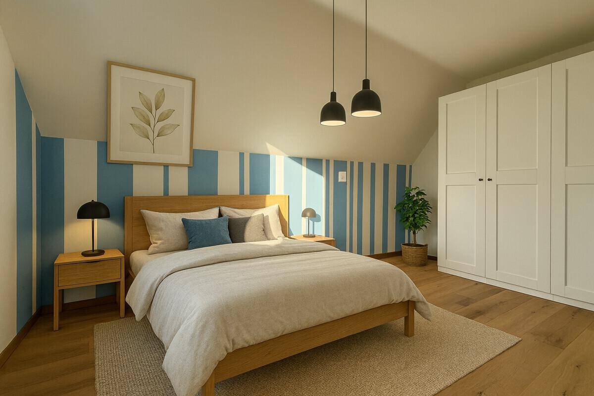 Helles Schlafzimmer mit Holzbett, gestreifter Wand und Dachschrägen.
