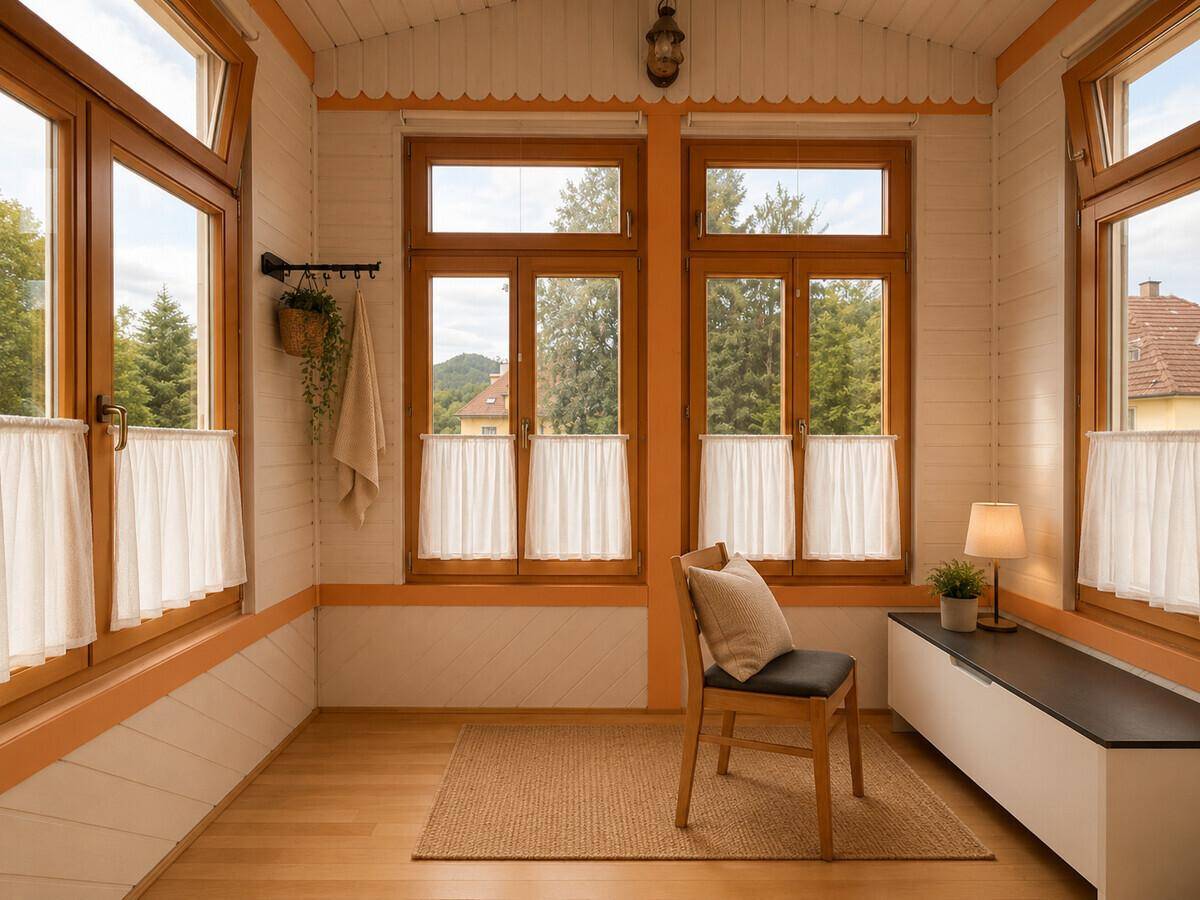 Heller Wintergarten mit Holzverkleidung, vielen Fenstern und einem Stuhl.