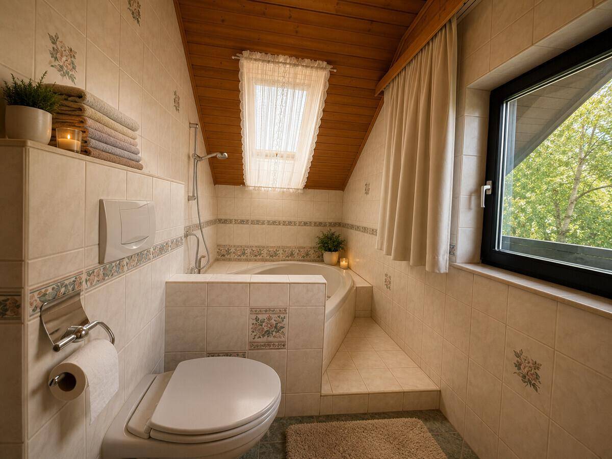 Gemütliches Badezimmer mit Dachschräge, Badewanne und Fenster mit Blick ins Grüne.