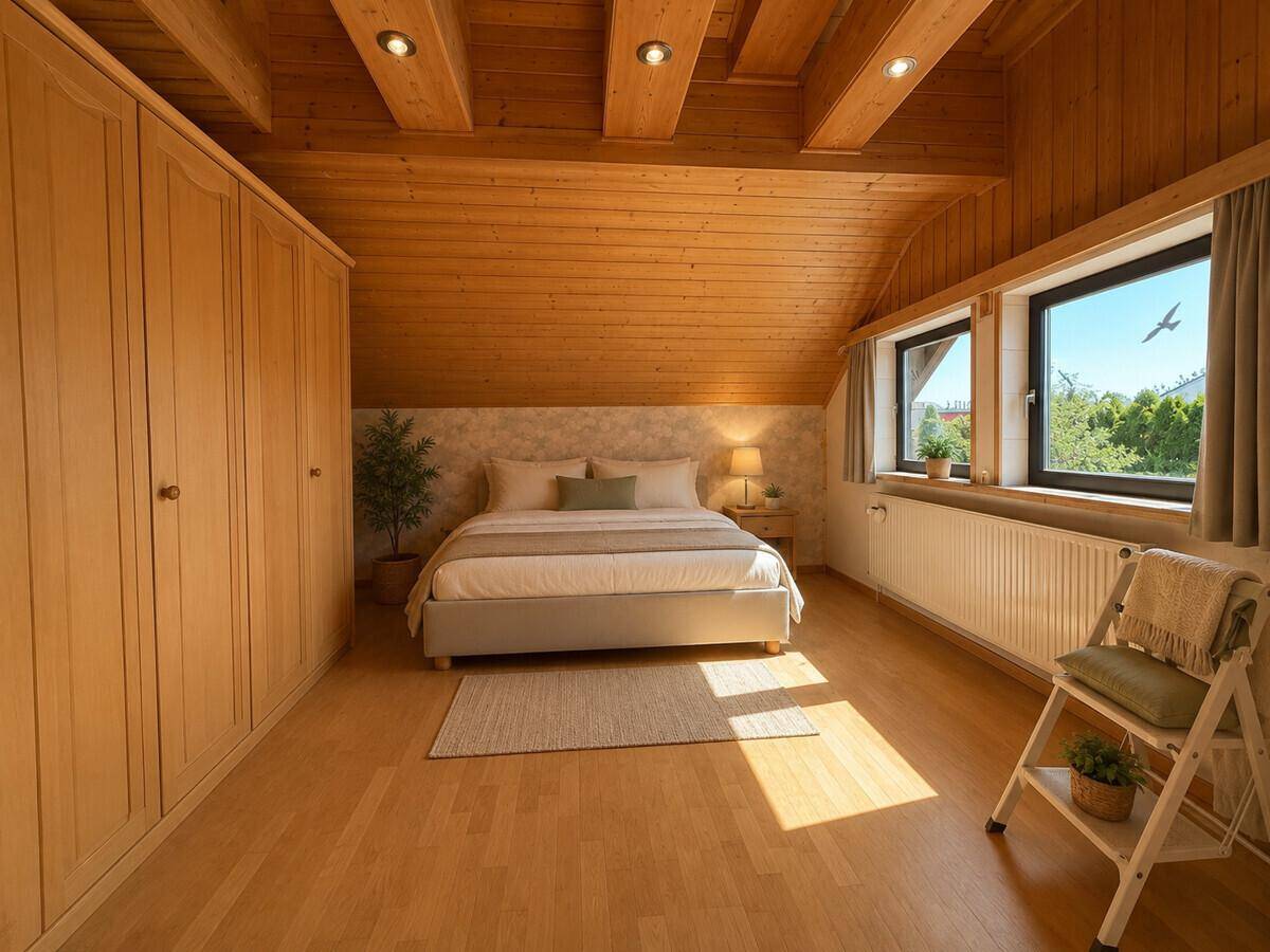 Helles Schlafzimmer mit Holzdecke, Einbauschränken und großen Fenstern mit Weitblick.