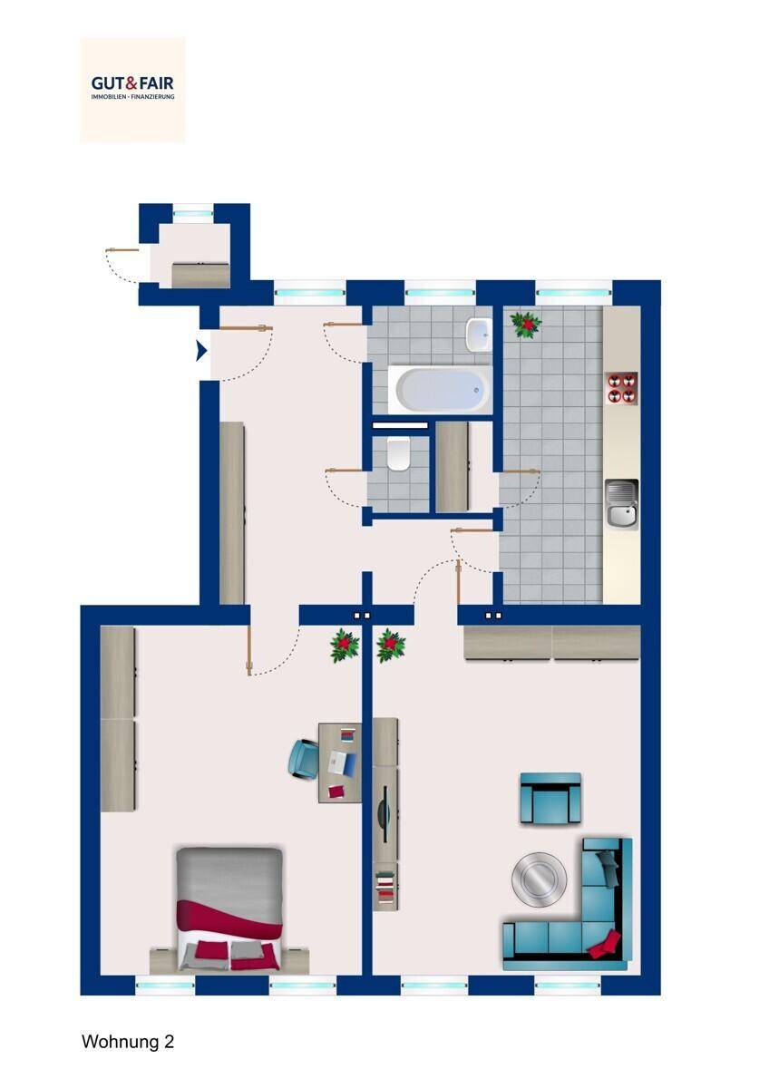Grundriss der Wohnung 2 mit einem Schlafzimmer, Bad, separater Küche und Wohnbereich.