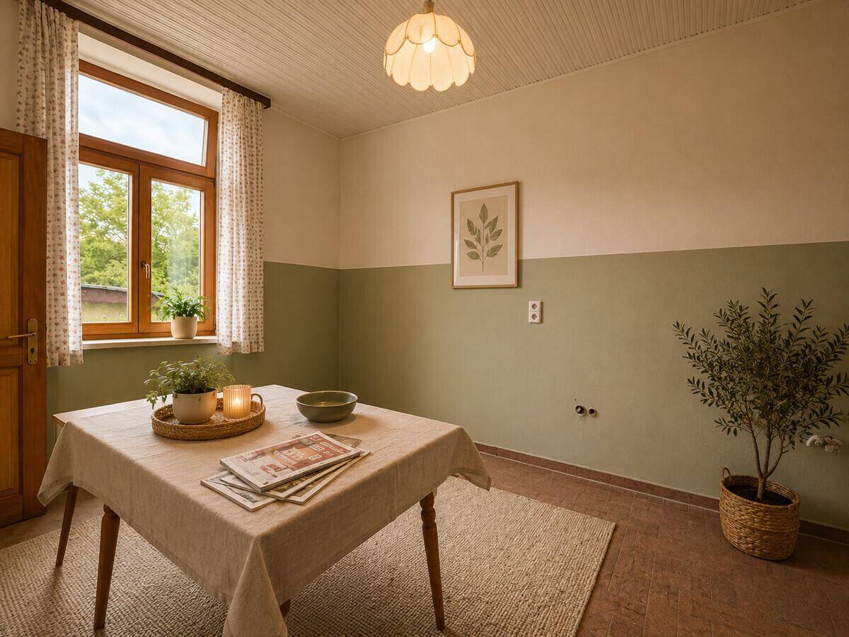 Helles Esszimmer mit Esstisch, zweifarbigen Wänden und Fenster.