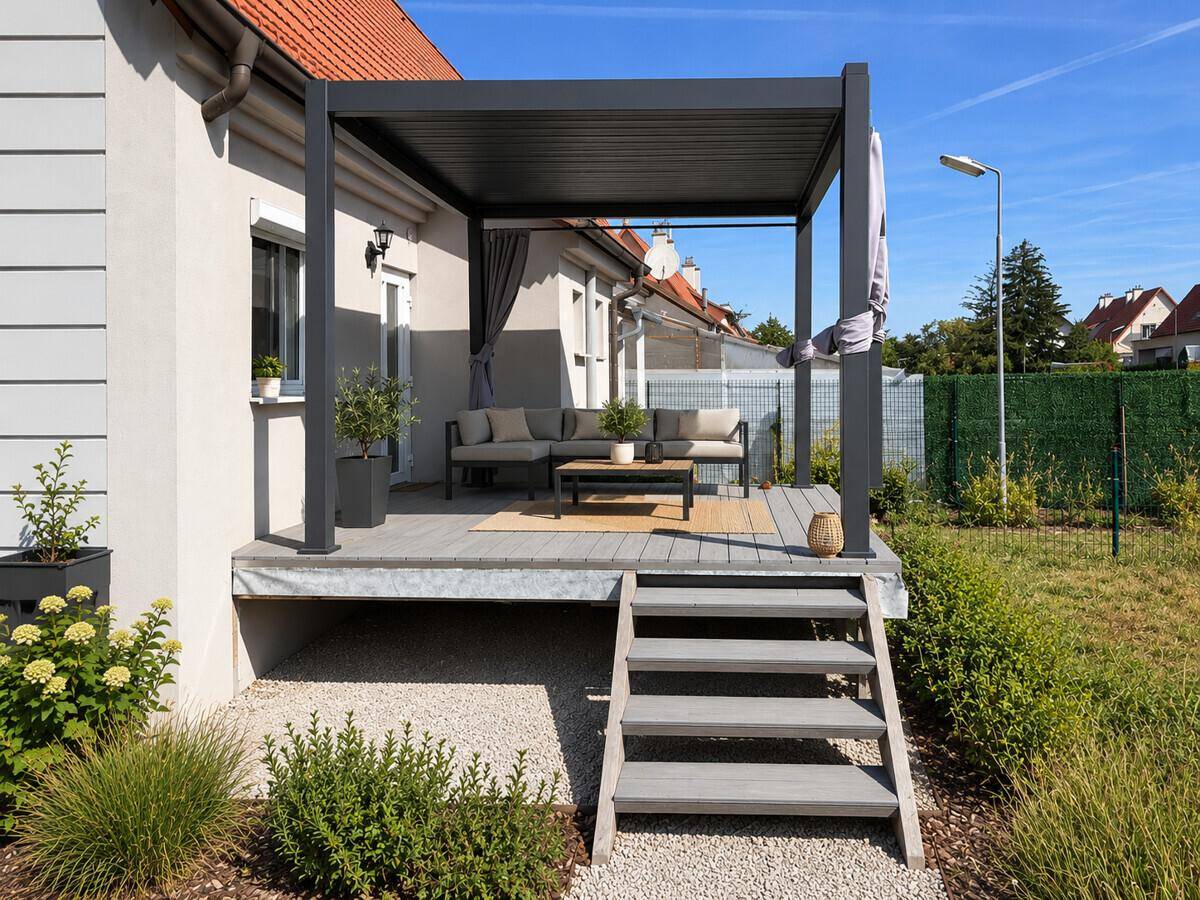 Große Holzterrasse mit moderner Pergola und bequemen Outdoor-Sitzmöbeln.