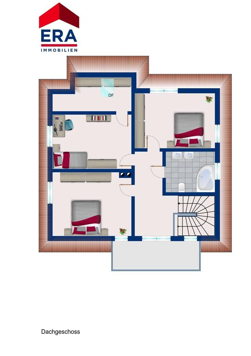 Grundriss des Dachgeschosses mit drei Schlafzimmern, einem Badezimmer und Balkon.