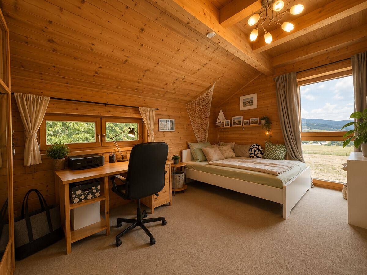 Helles Schlafzimmer im Dachgeschoss mit Schreibtisch, Bett und weitem Ausblick.