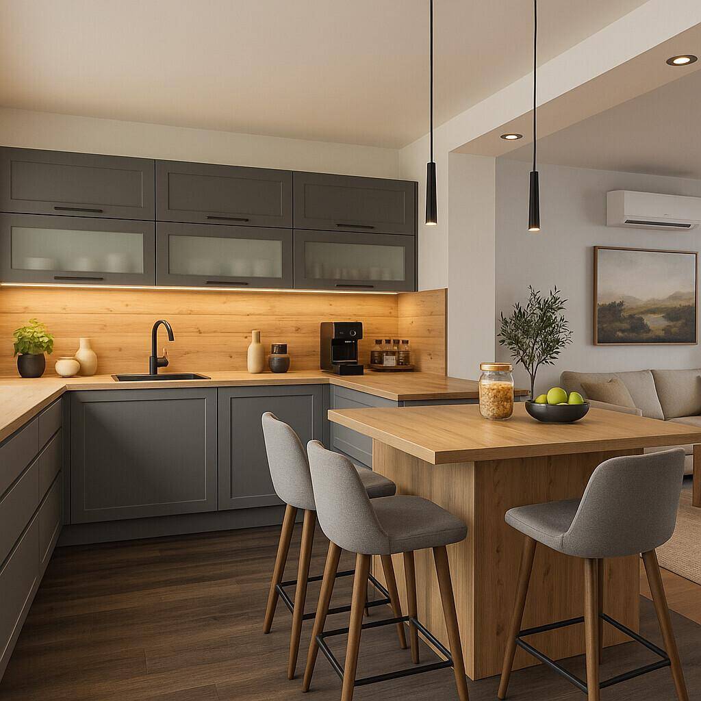 Moderne Küche mit grauen Schränken, Holztheke und offener Verbindung zum Wohnbereich.