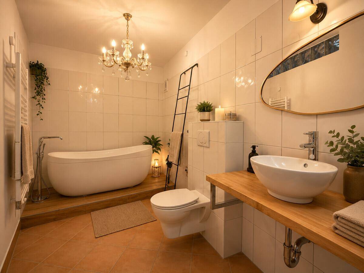 Elegantes Badezimmer mit freistehender Badewanne, Holzwaschtisch und Kronleuchter.