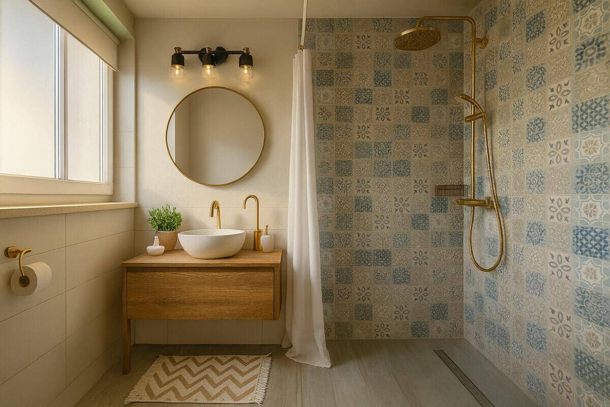 Modernes Badezimmer mit gemusterten Fliesen, Holzwaschtisch und begehbarer Dusche.
