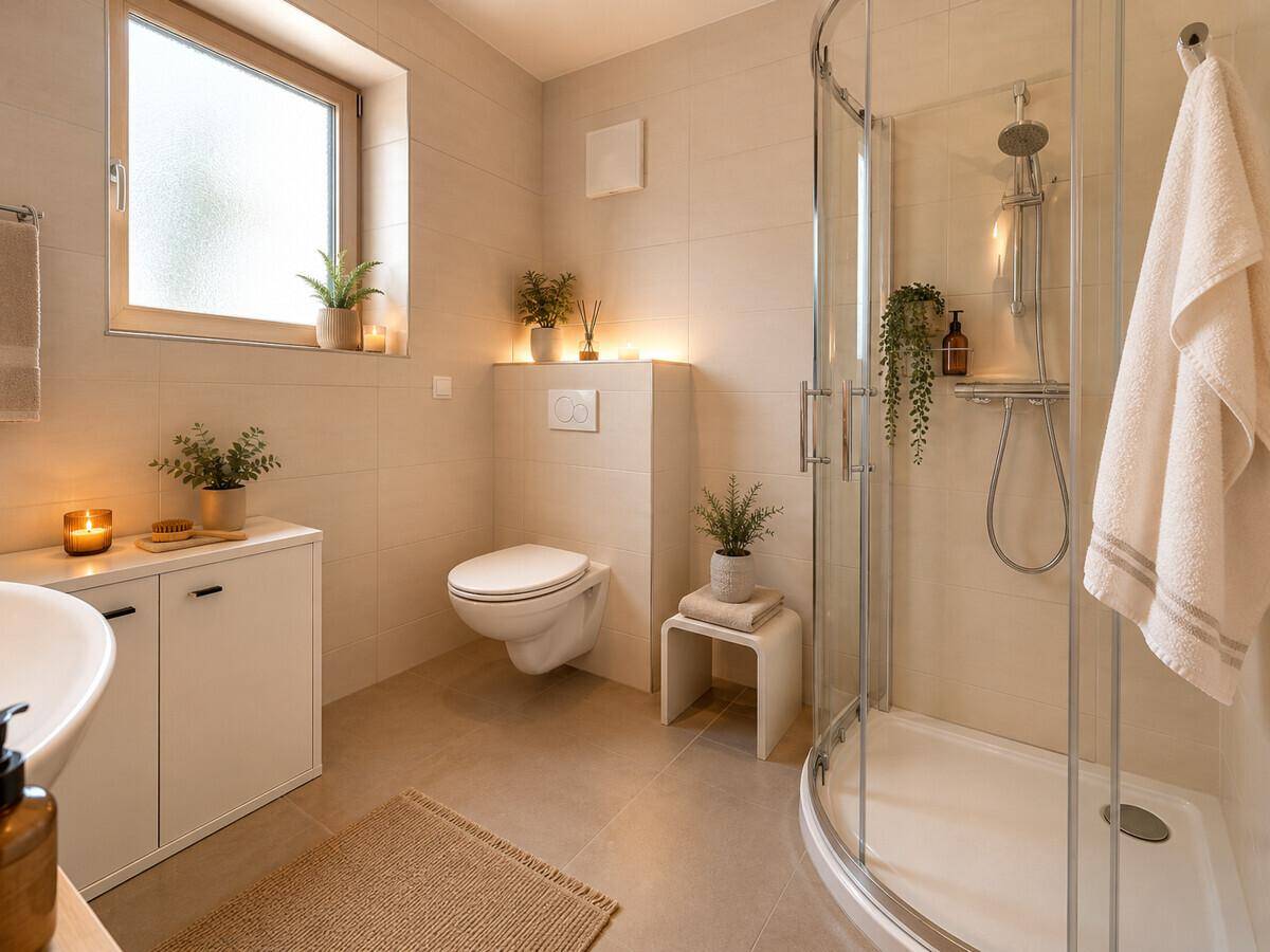 Modernes Badezimmer mit beigen Fliesen, Duschkabine und Fenster für Tageslicht.