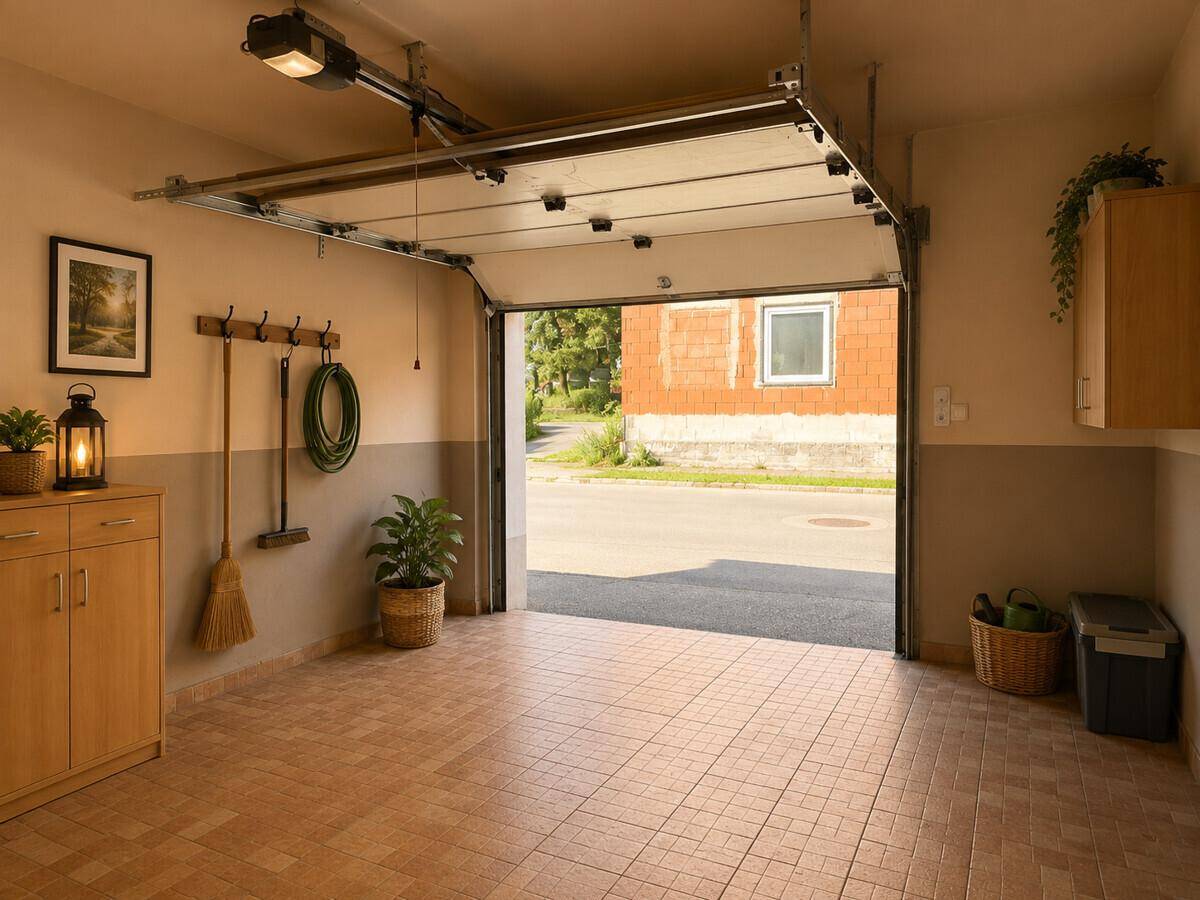 Geräumige Garage mit automatischem Tor, Fliesenboden und Stauraum.