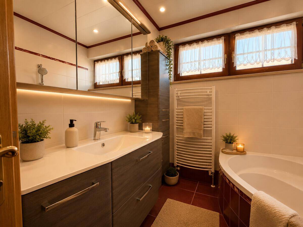 Helles Badezimmer mit Badewanne, Dusche, Einzelwaschbecken und beheiztem Handtuchhalter.