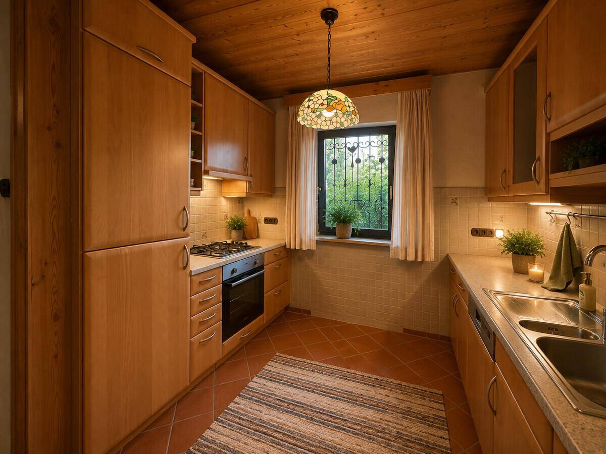 Funktionale Küche im Landhausstil mit Holzdecke, Einbaugeräten und Blick ins Grüne.