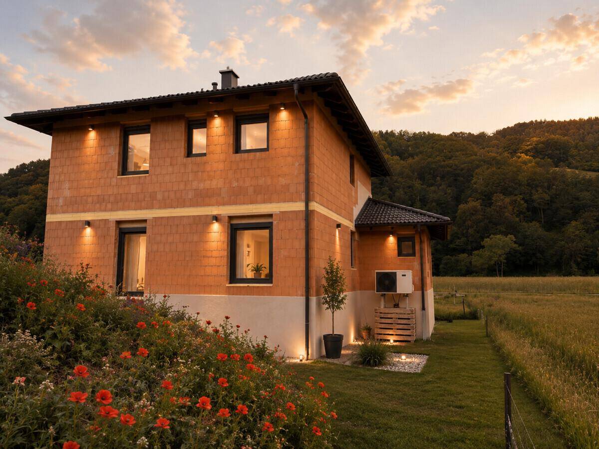 Modernes Einfamilienhaus mit Ziegelmauerwerk und Wärmepumpe, umgeben von blühenden Blumen.