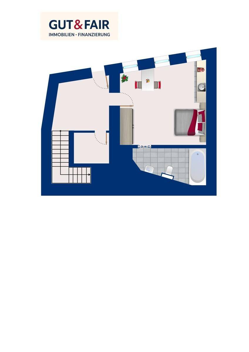 Grundriss einer weiteren Wohnungsebene mit Schlafzimmer, Bad und Treppenhaus.