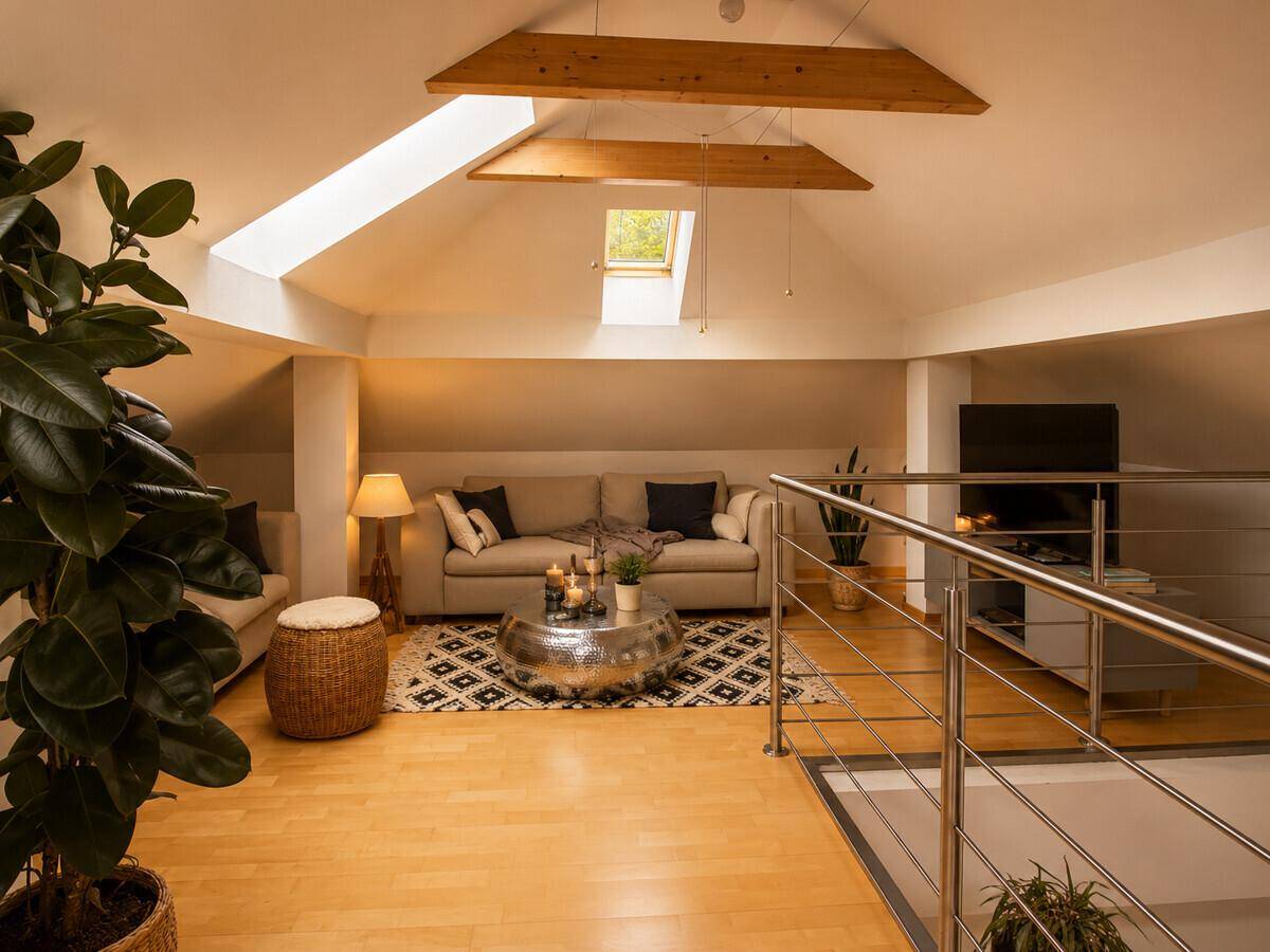 Gemütliches Wohnzimmer im Dachgeschoss mit Holzbalken, Dachfenstern und Blick auf die untere Etage.