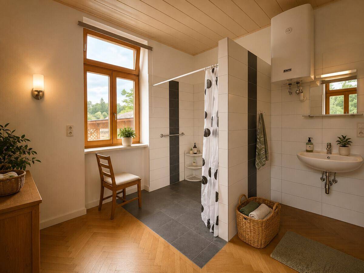 Modernes Badezimmer mit ebenerdiger Dusche, Fenster und Holzparkett.