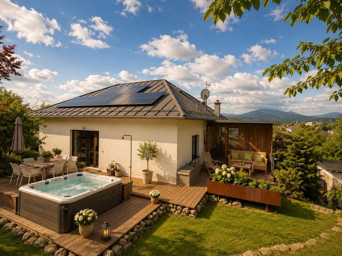 Großzügige Holzterrasse mit Whirlpool, Essbereich und Photovoltaikanlage auf dem Dach.