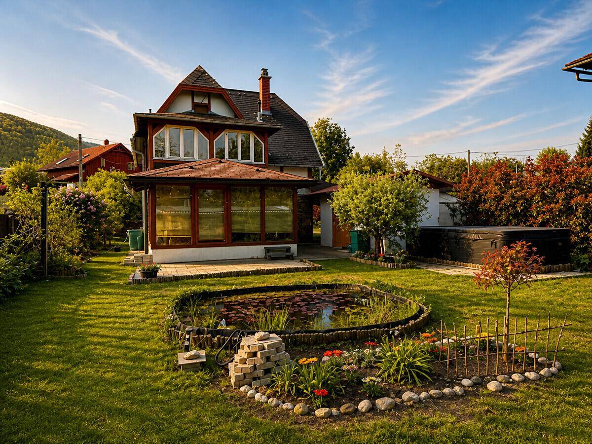 Gepflegter Garten mit Teich, Blumenbeeten und Wintergarten am Haus.