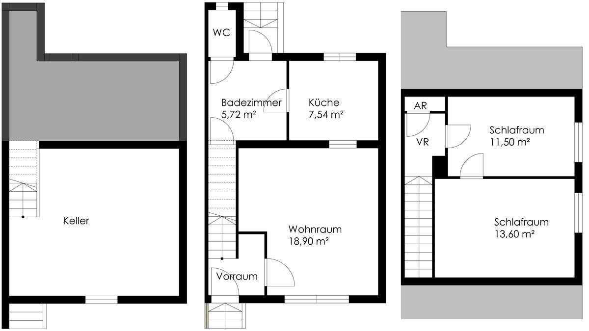 Drei Grundrisse zeigen Keller, Erdgeschoss mit Wohnraum und Küche sowie Obergeschoss mit Schlafzimmern.