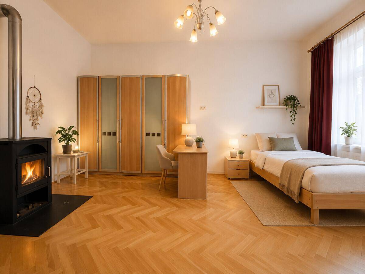 Gemütliches Schlafzimmer mit Kaminofen, Fischgrätparkett und großem Kleiderschrank.
