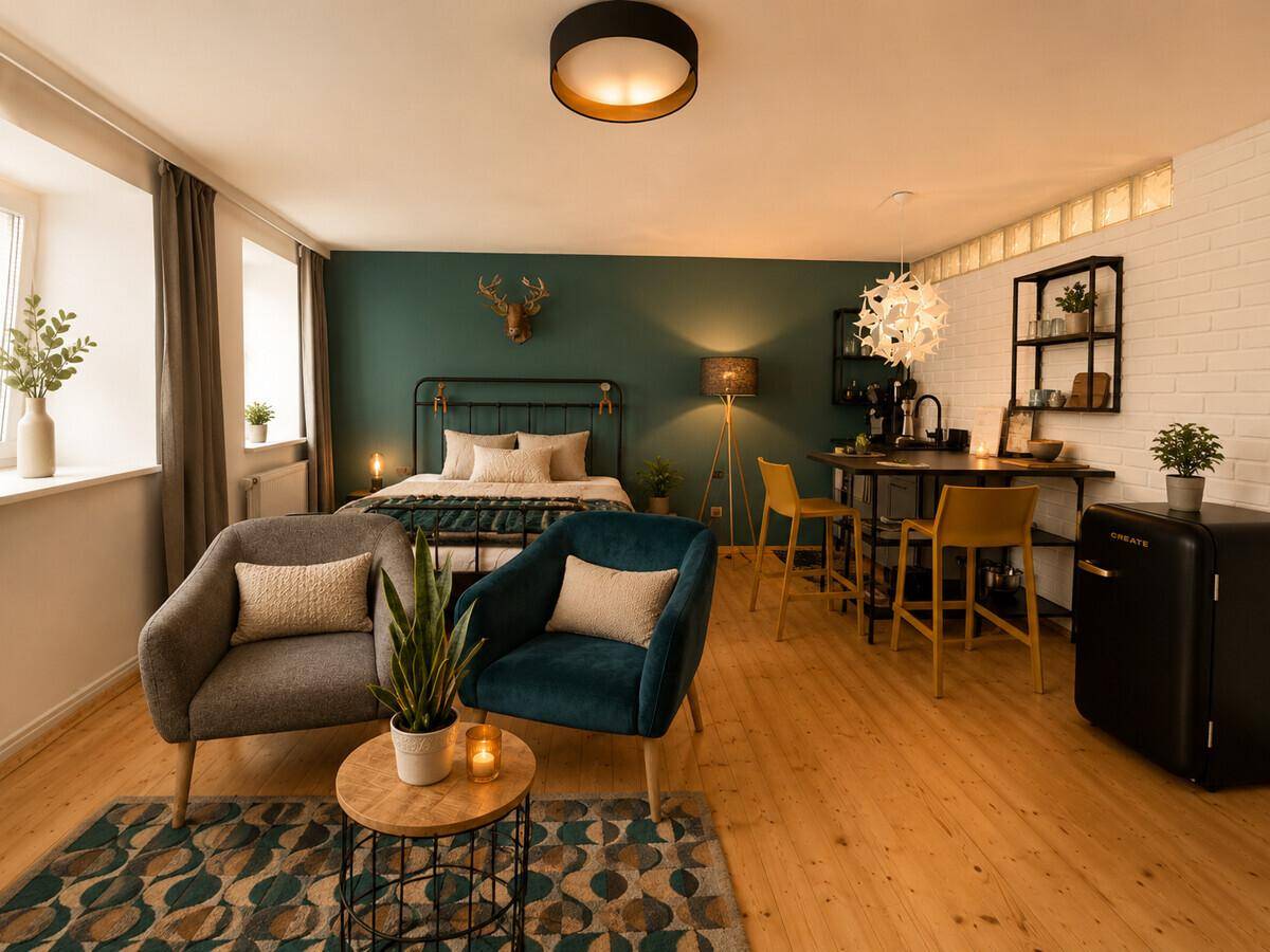 Gemütliches Schlafzimmer mit Doppelbett, Sitzgelegenheiten und integrierter Küchenzeile.