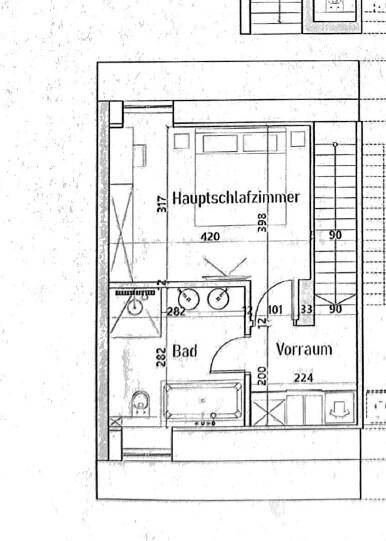 Grundriss des Obergeschosses mit Hauptschlafzimmer, Bad und Vorraum.