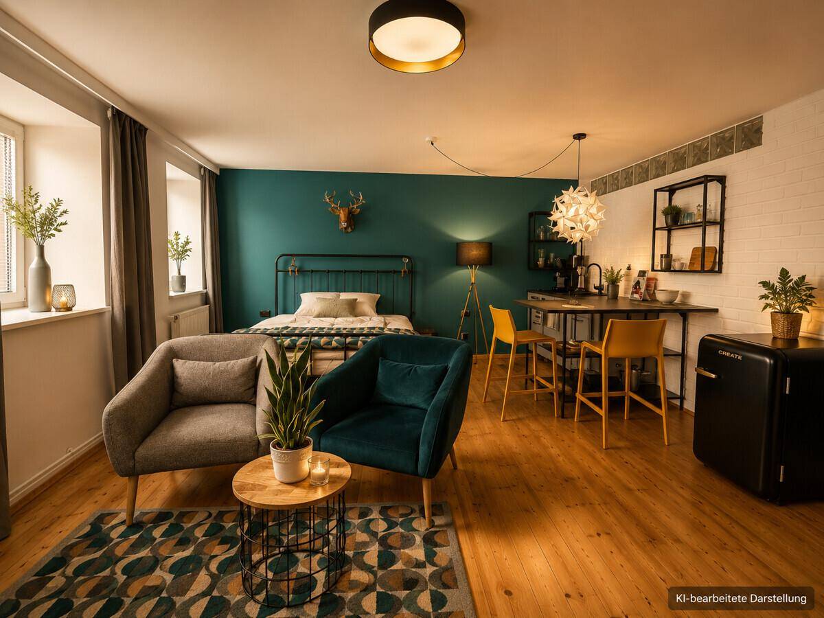 Modernes Schlafzimmer mit tealfarbener Wand, Holzboden und kleiner Essecke.