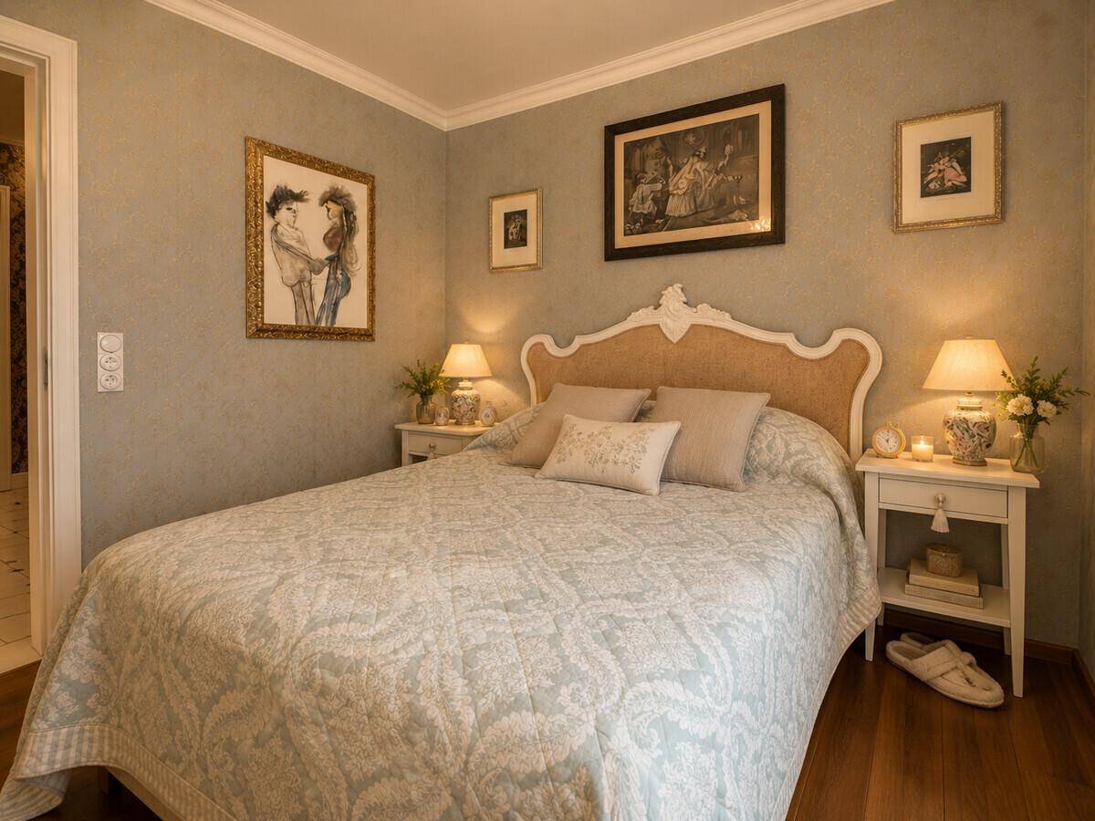 Gemütliches Schlafzimmer mit Doppelbett, Nachttischen und klassischer Dekoration.
