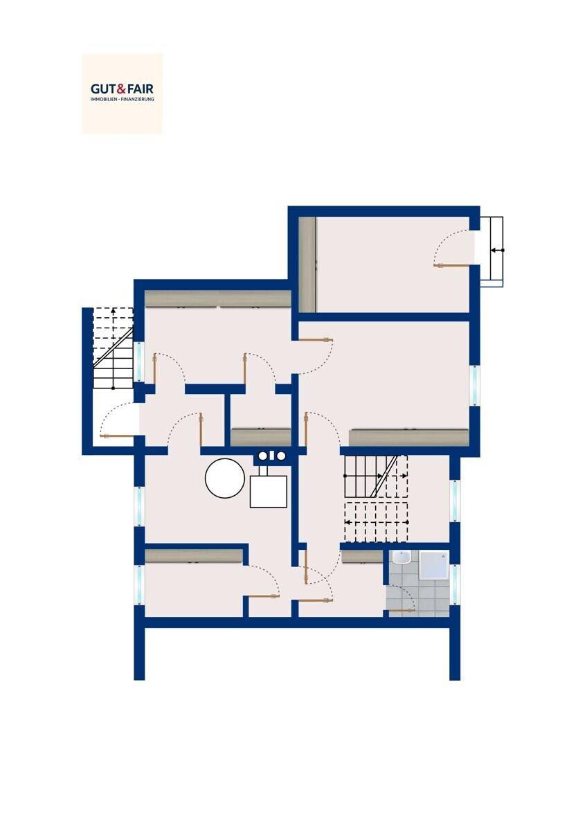 Grundriss des Untergeschosses mit Treppen und verschiedenen Räumen.