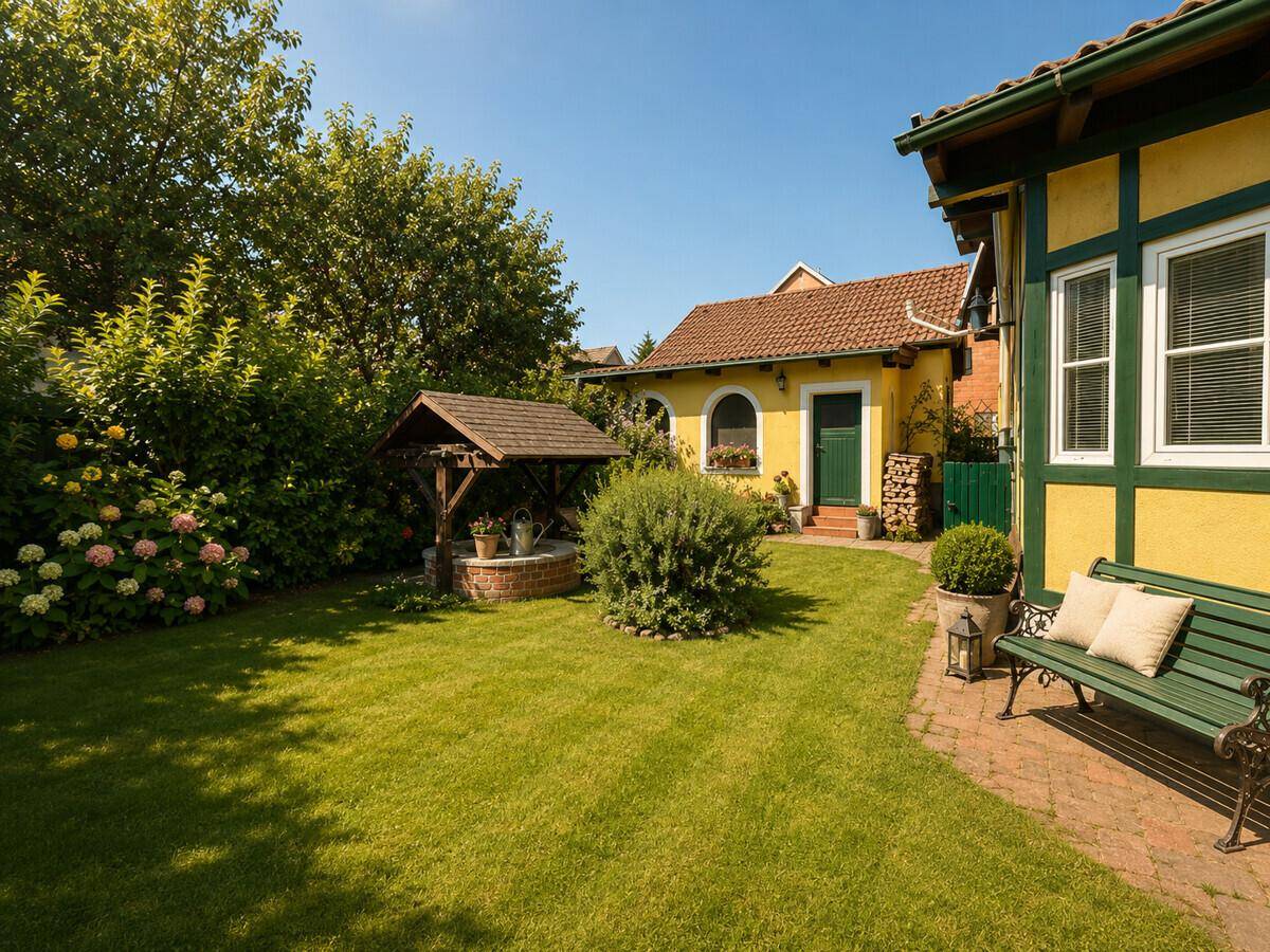 Sonniger Garten mit Zierbrunnen, Rasenfläche und einer grünen Gartenbank.