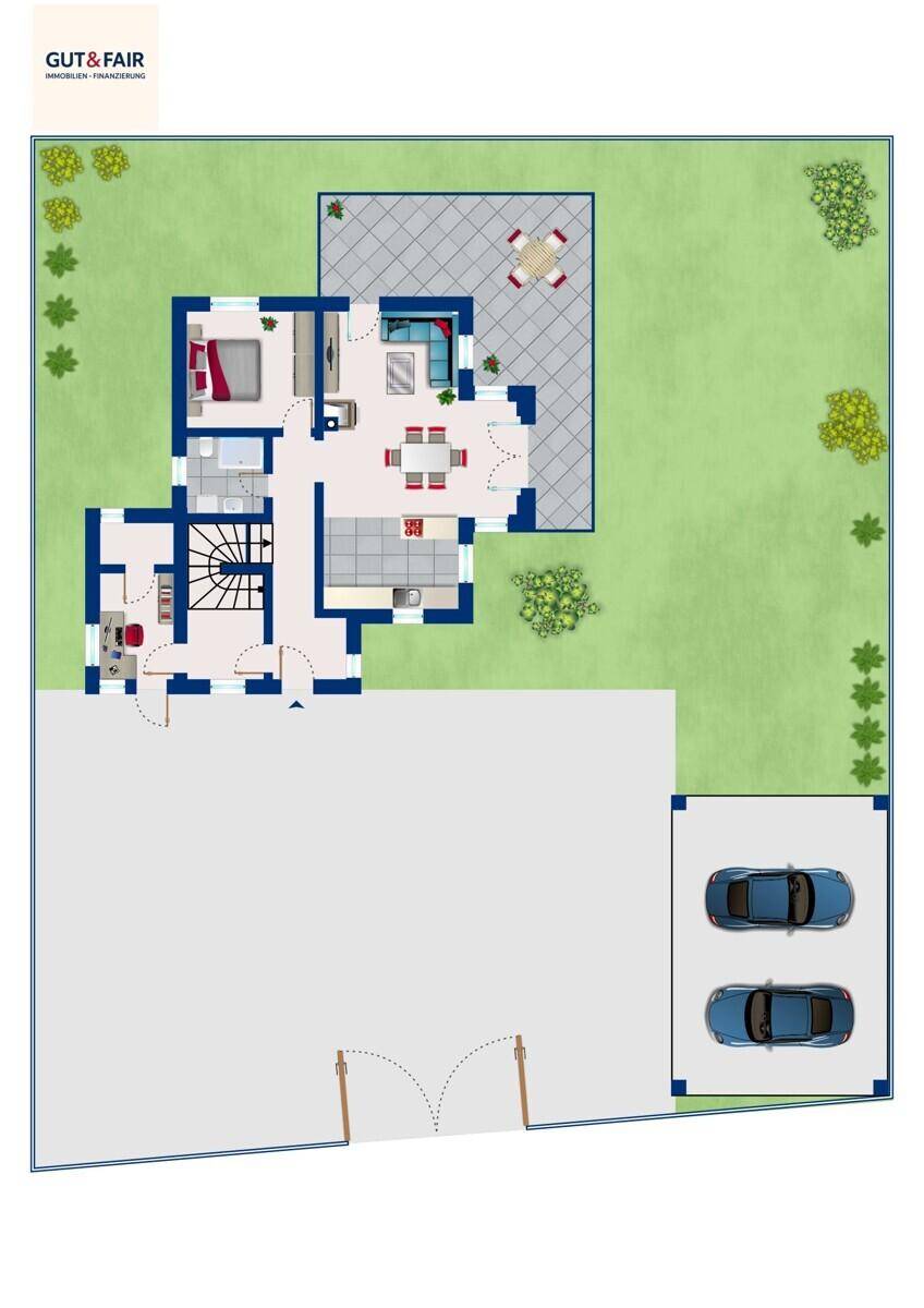Grundriss des Erdgeschosses mit Garten, Terrasse und Parkplätzen.