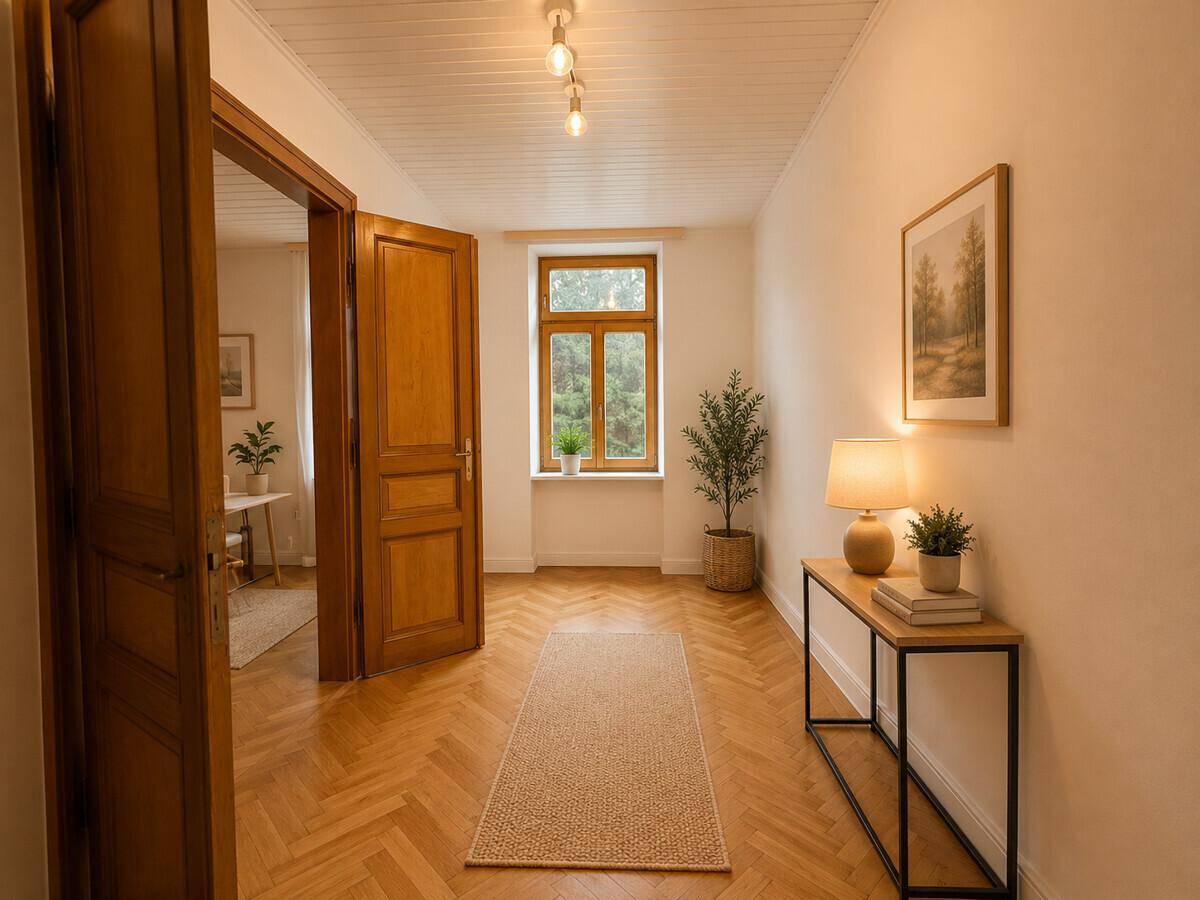 Langer Flur mit Holztüren, Konsole und Fenster mit Blick ins Grüne.