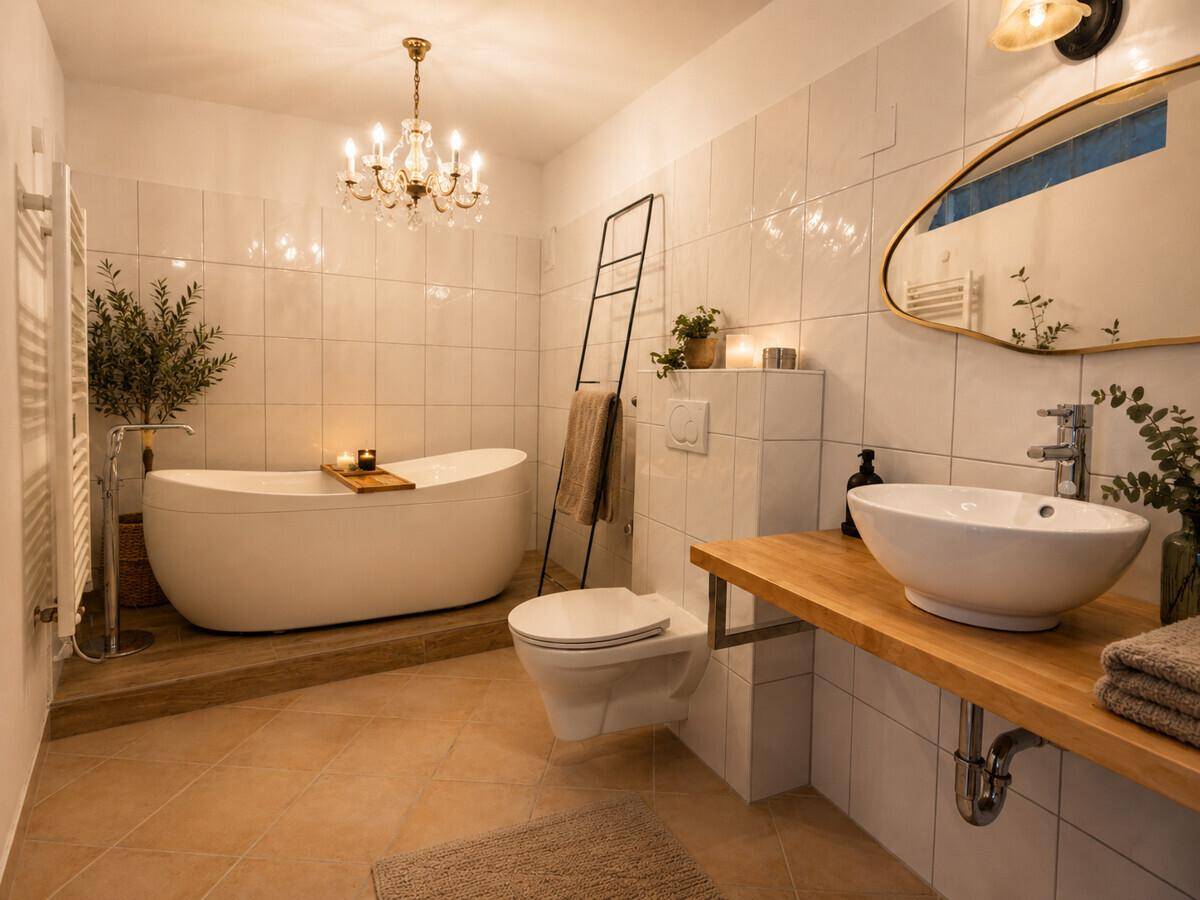 Helles Badezimmer mit freistehender Badewanne, modernem Waschtisch und Kronleuchter.