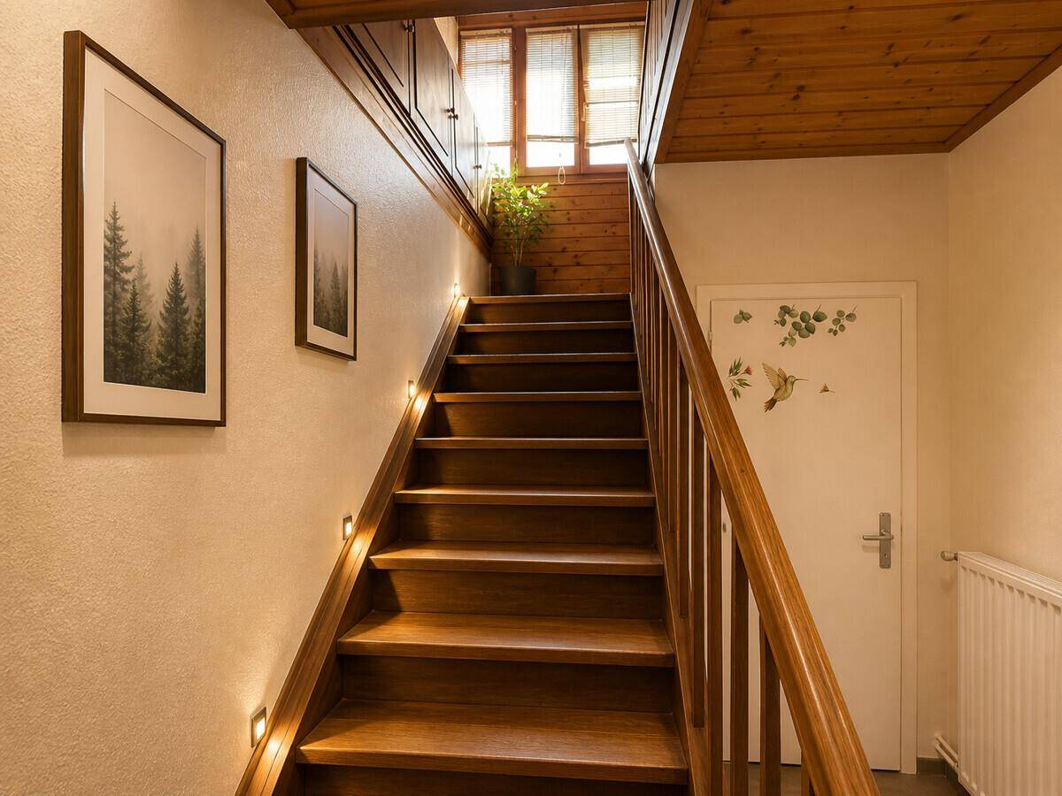 Holztreppe mit integrierter Beleuchtung und dekorativen Bildern an der Wand.