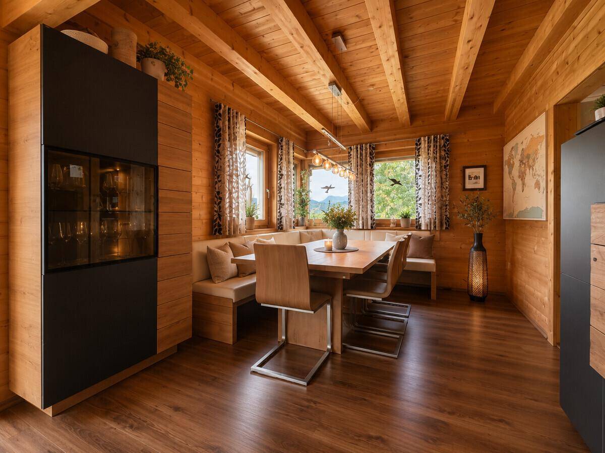 Gemütlicher Essbereich mit Holztisch, Eckbank und Holzbalkendecke, umgeben von Fenstern.